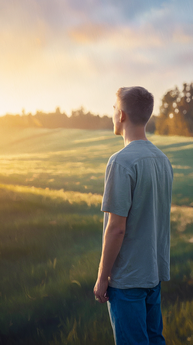 A young man seen from behind, looking out toward a bright open horizon with clarity and a sense of forward momentum