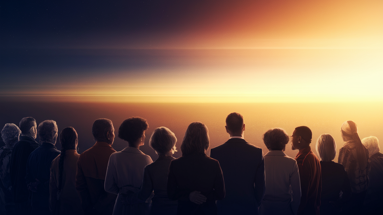 A diverse group of men and women of different races looking out toward a luminous horizon, embodying transformation and forward momentum