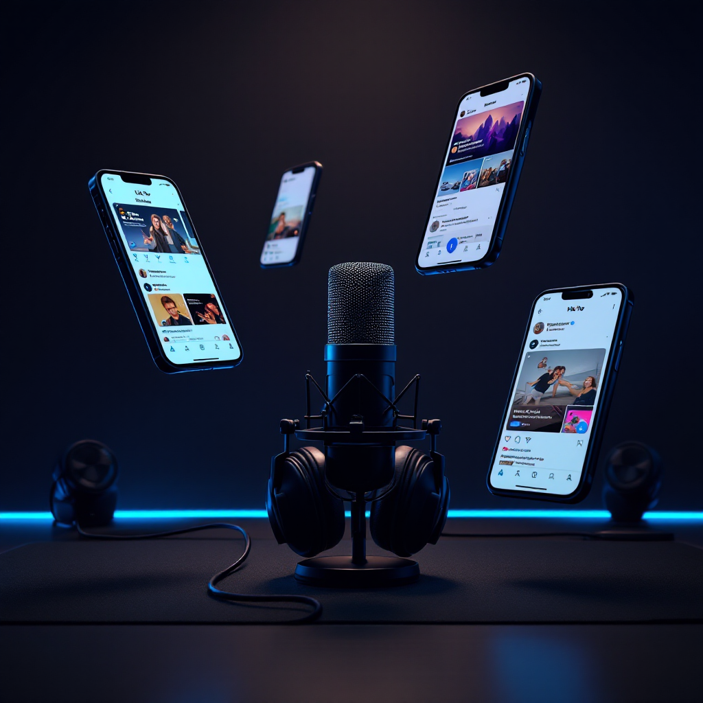 Podcast studio with short-form content clips on multiple screens