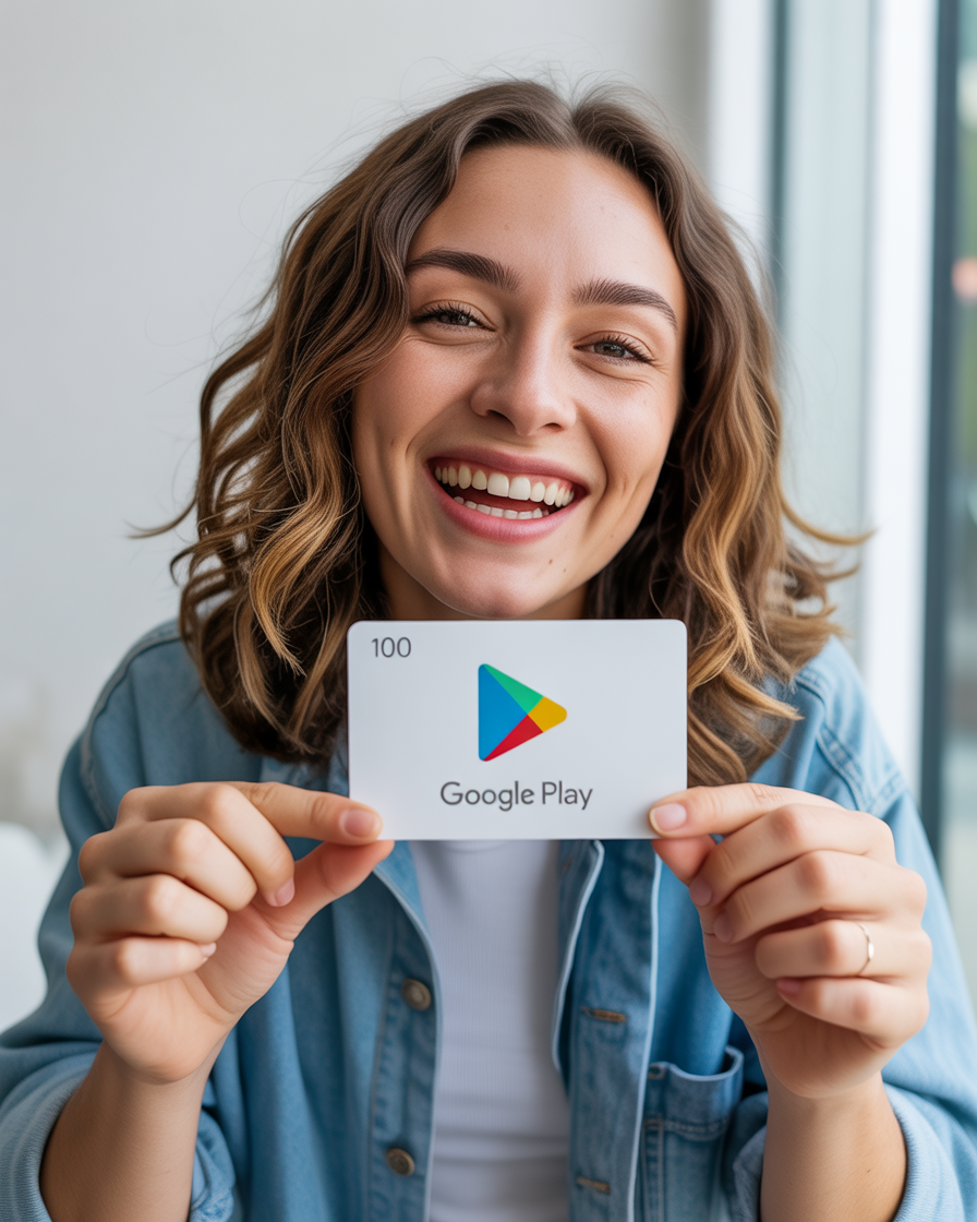 Happy winner holding a Google Play Gift Card with a big smile