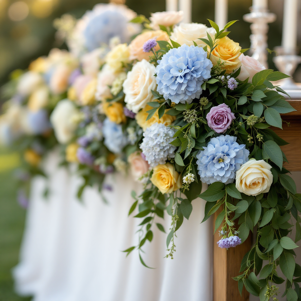 Pastel garland on sweetheart table