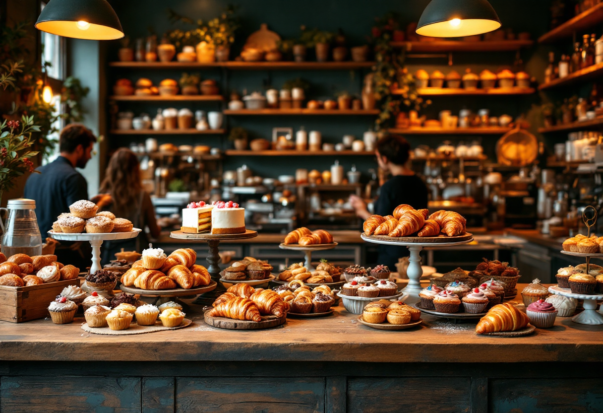 Freshly baked croissants, cakes, and muffins displayed on a rustic wooden counter at The Whipped Whimsy bakery in Jamshedpur