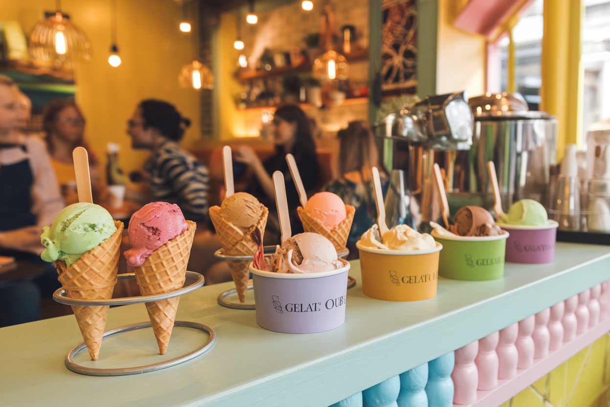 Colorful scoops of artisan ice cream in waffle cones and sundaes served at The Whipped Whimsy's pastel-themed ice cream parlour