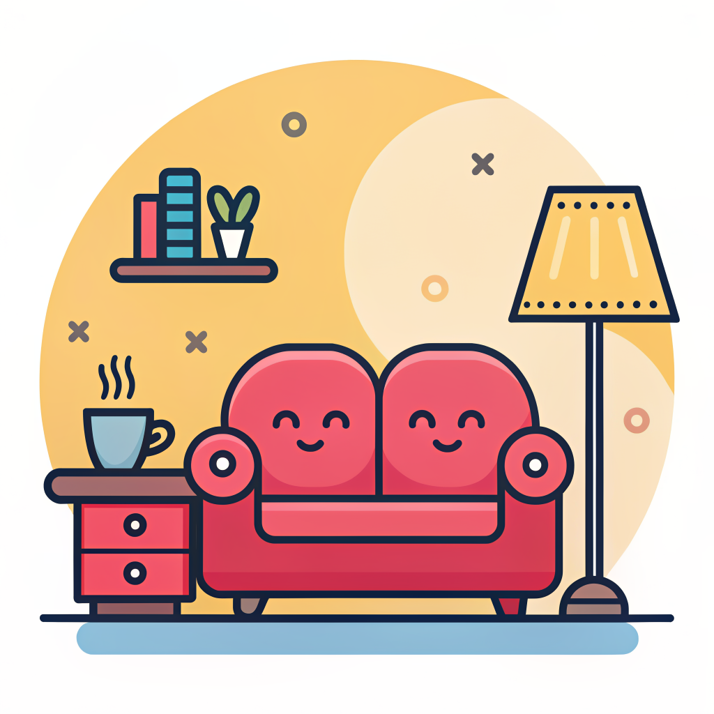 Icon of a cozy sofa with a warm lamp and coffee cup