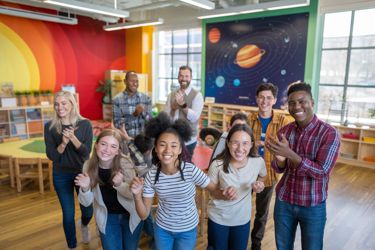 Silica students and faculty celebrating exam success together in a vibrant classroom