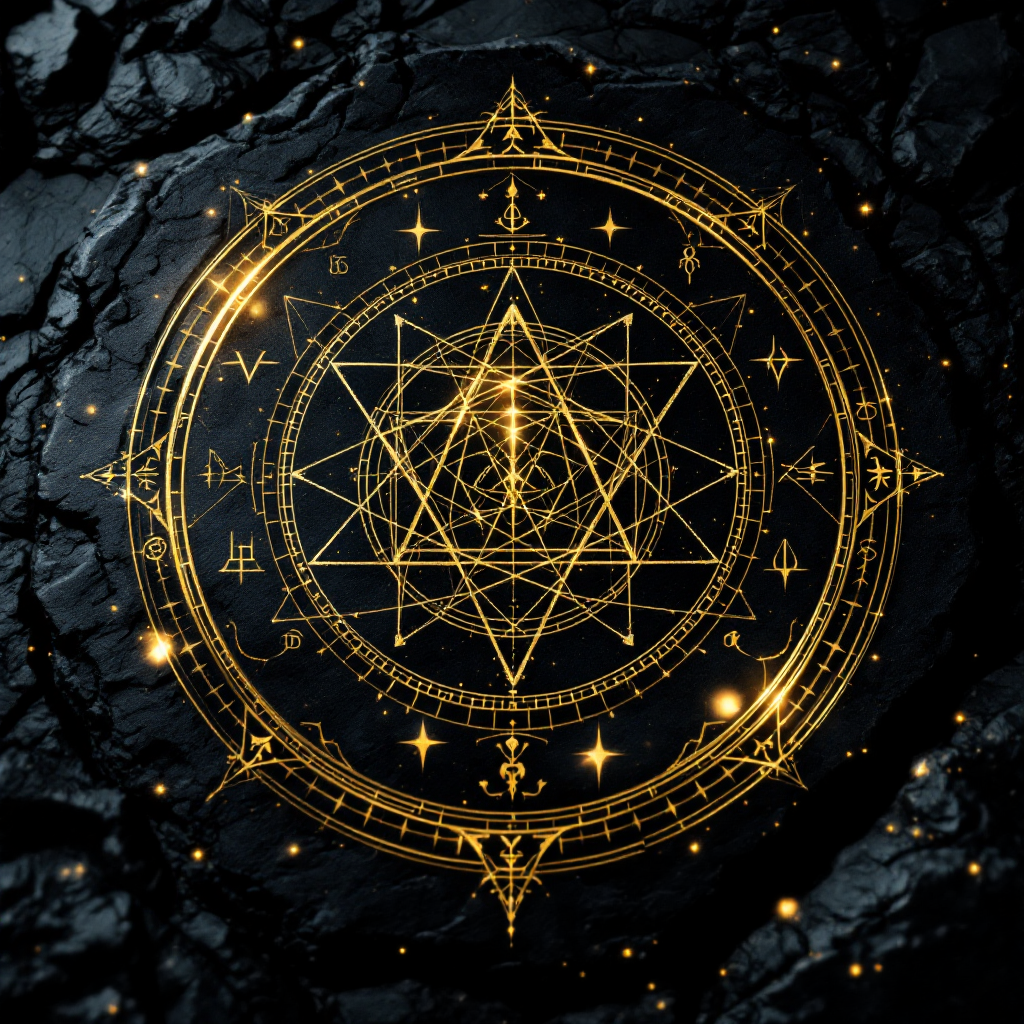 sacred geometry and alchemical symbols engraved in gold on dark stone