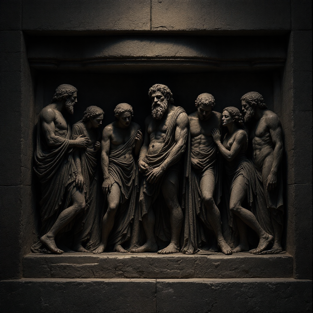 classical archetypal figures carved in stone relief under dramatic light