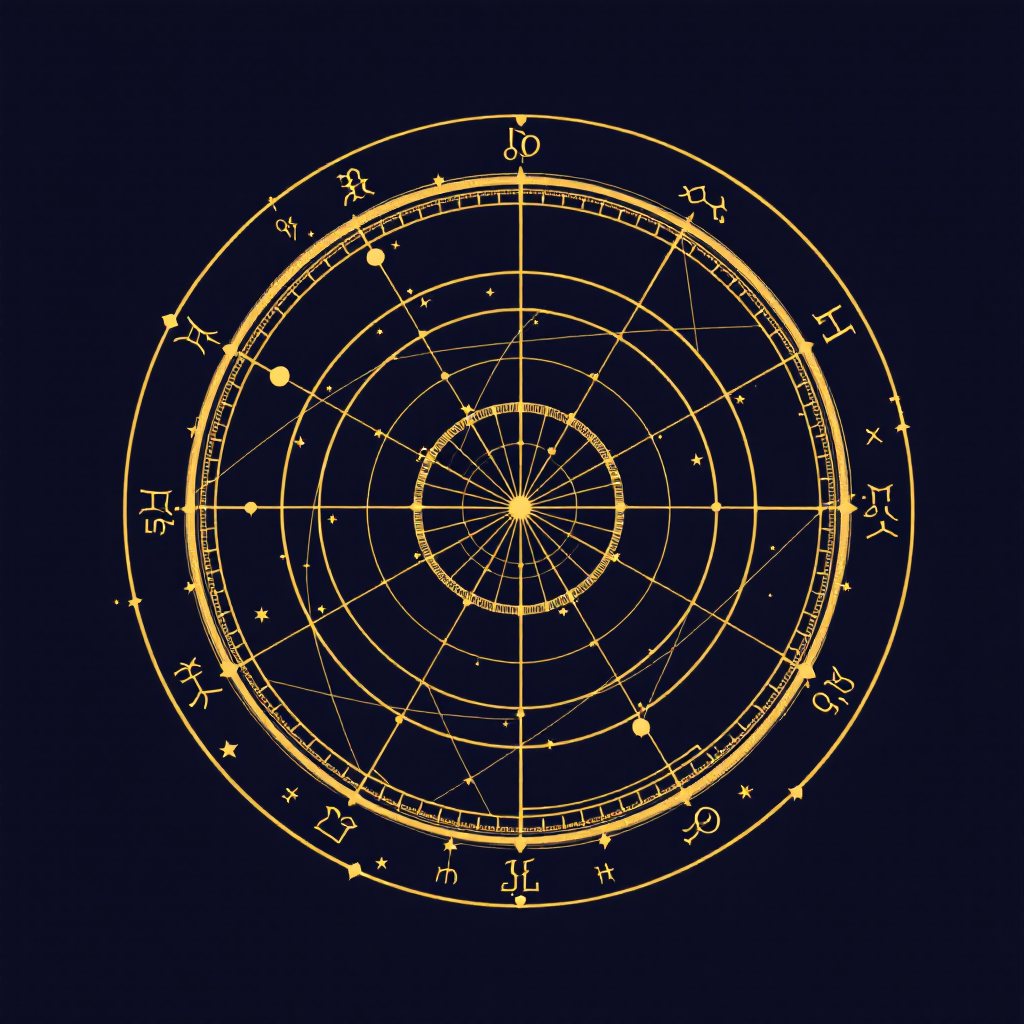 a detailed astrological birth chart with a zodiac wheel and intersecting aspect lines in gold on deep navy