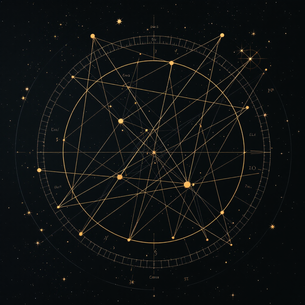 two intersecting astrological charts overlaid in gold lines on a dark background