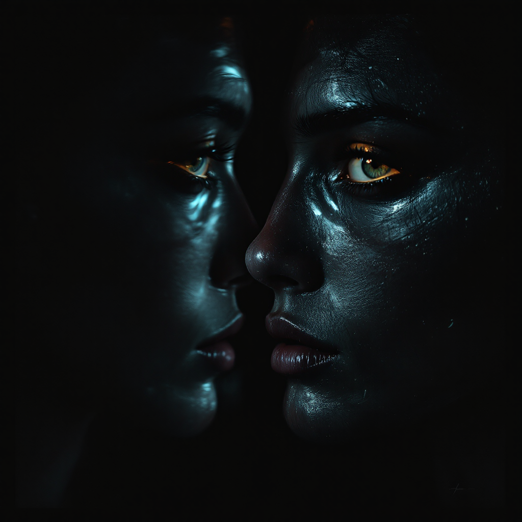 layered reflections of a face in a dark mirror suggesting identity and conditioning