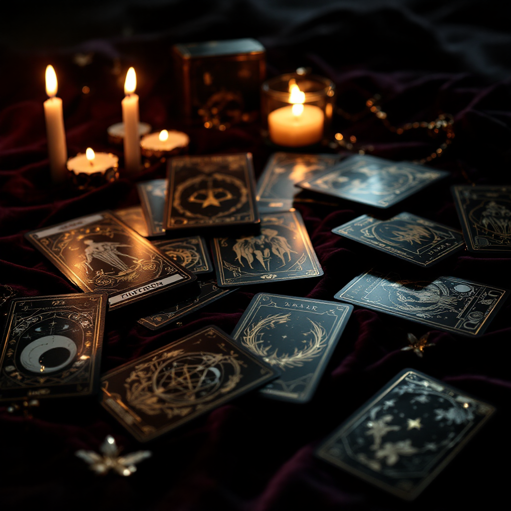 tarot cards spread on dark velvet in candlelight