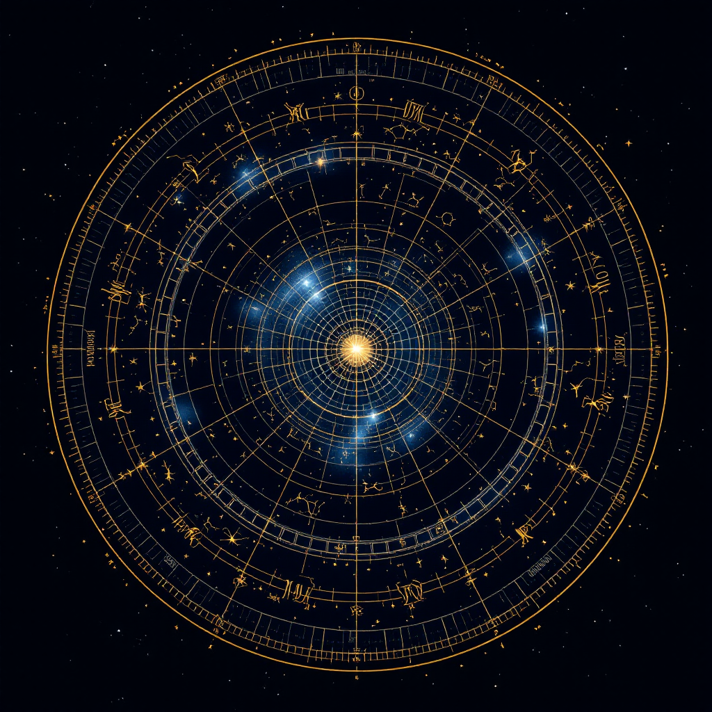 an ancient celestial map and astrology wheel with golden constellations on deep midnight blue