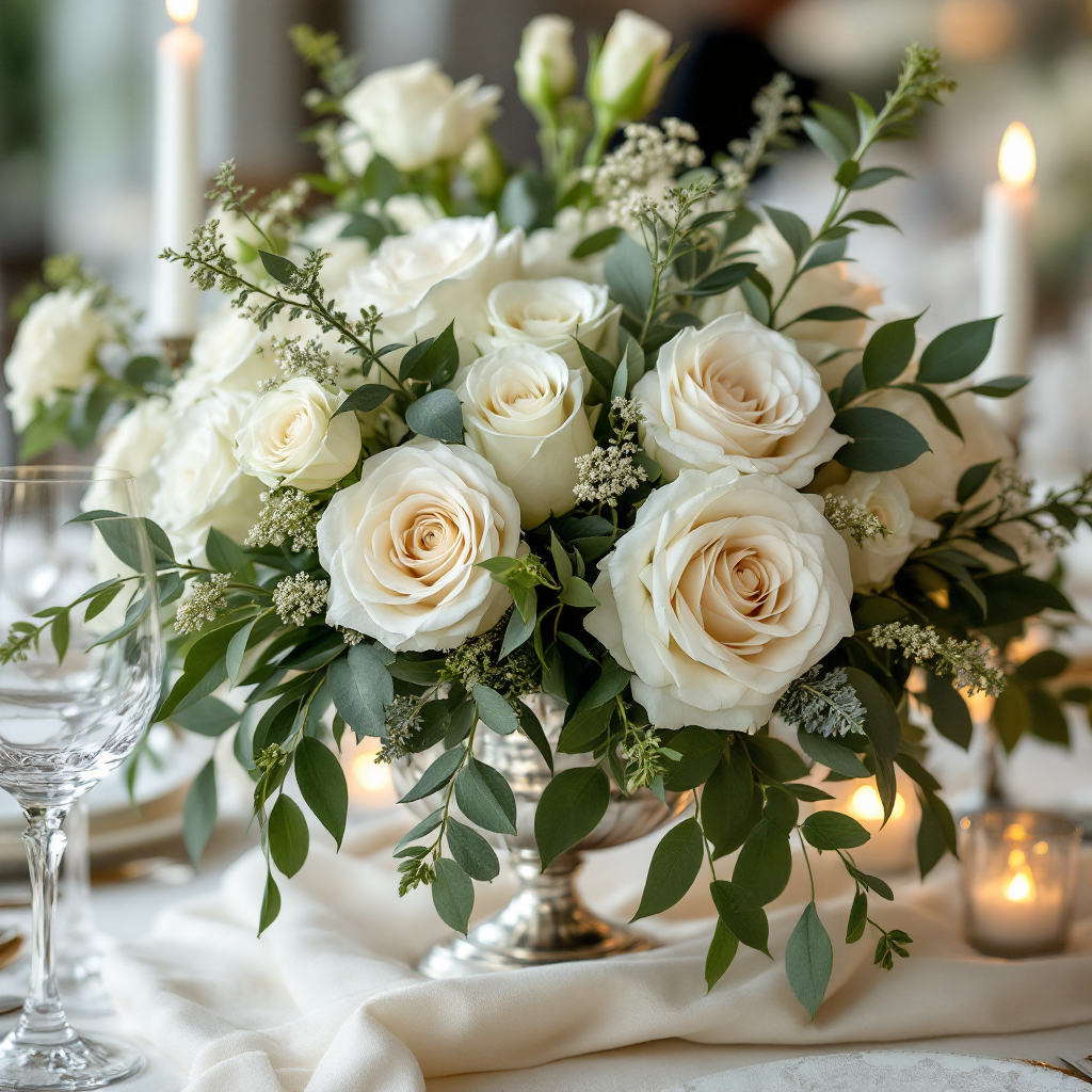 Classic white and green centerpiece in silver urn