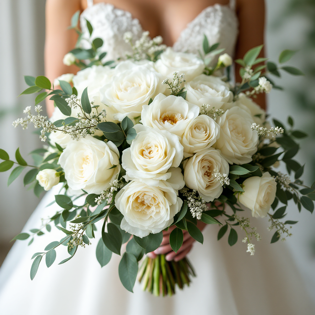 Bridal bouquet with white roses and greenery