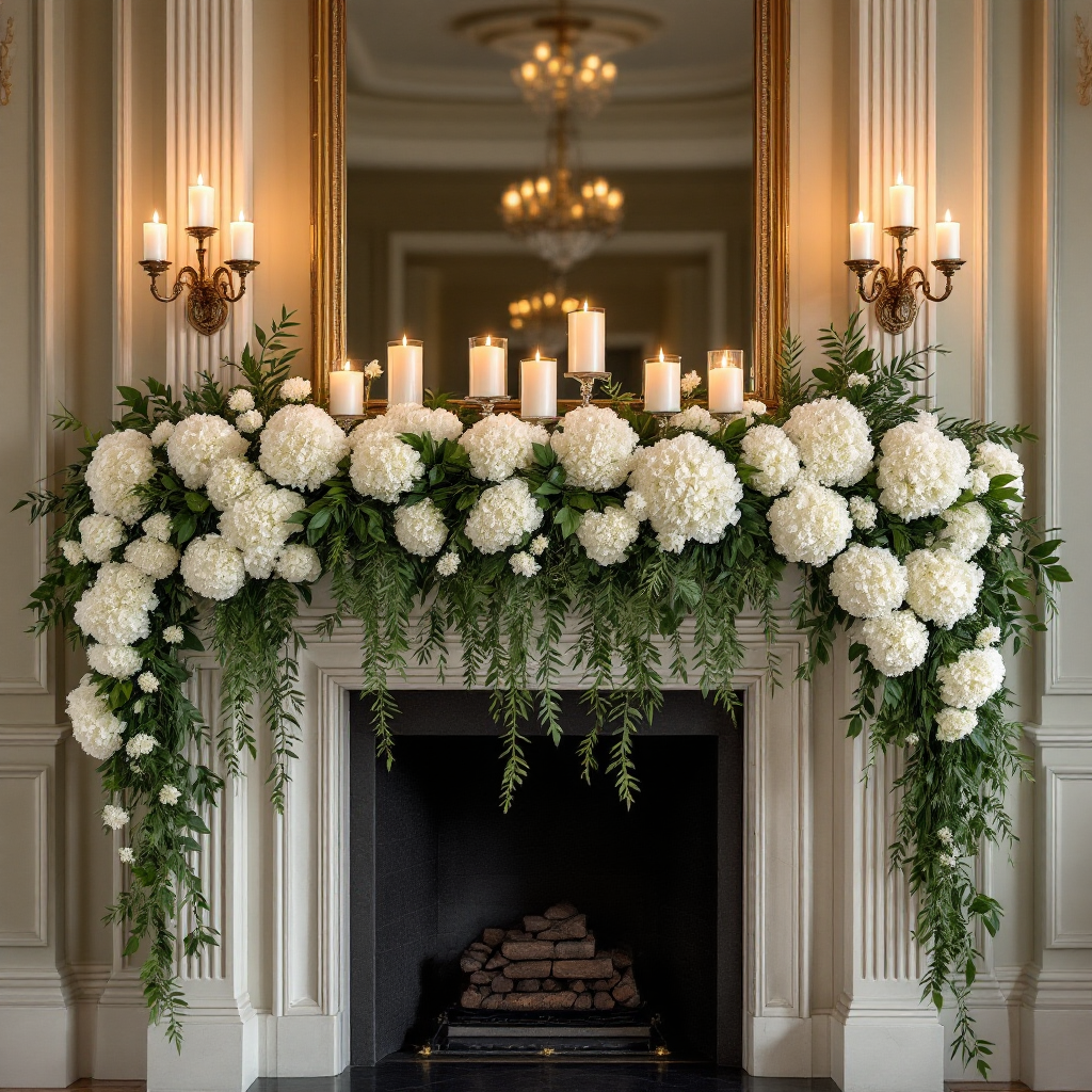 Mantelpiece with cascading greenery and white flowers