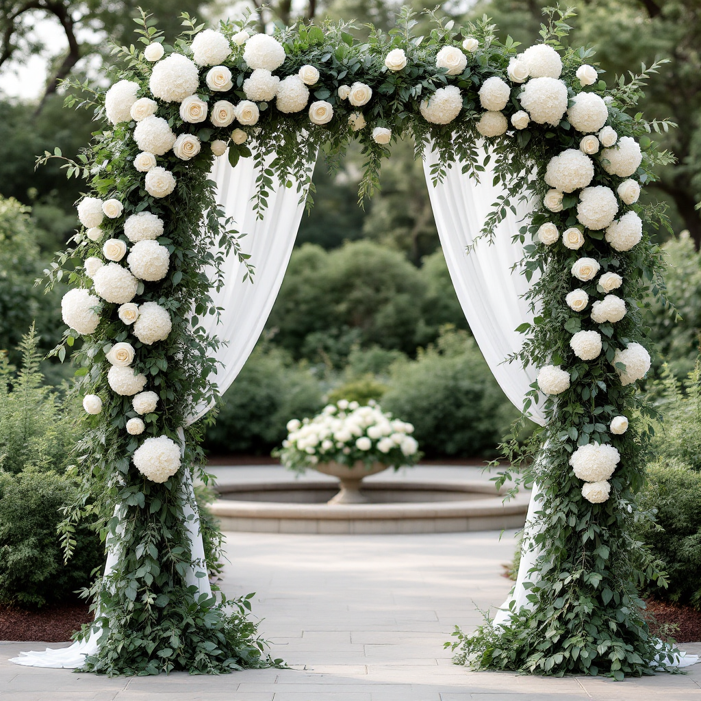 Wedding ceremony arch with green and white florals