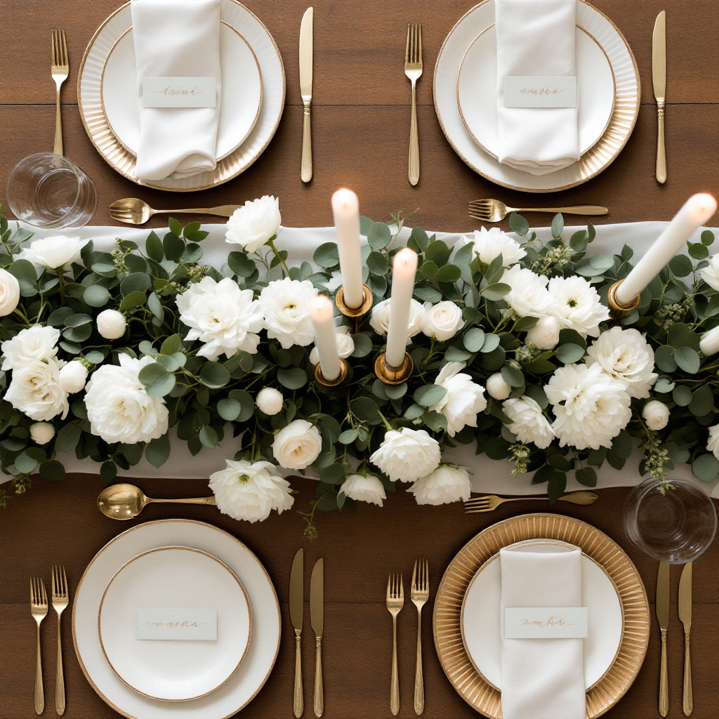 Overhead view of green and white table runner