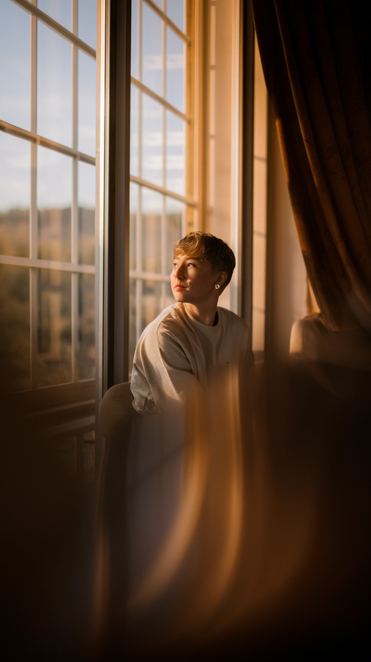 Person in contemplative thought by a window with warm natural light