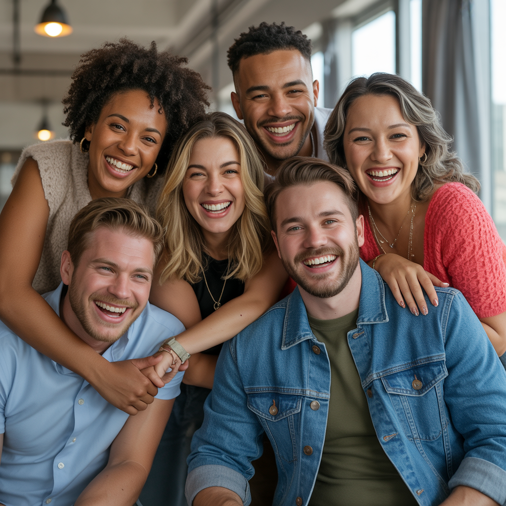 Happy singles and couples smiling together in a modern social setting
