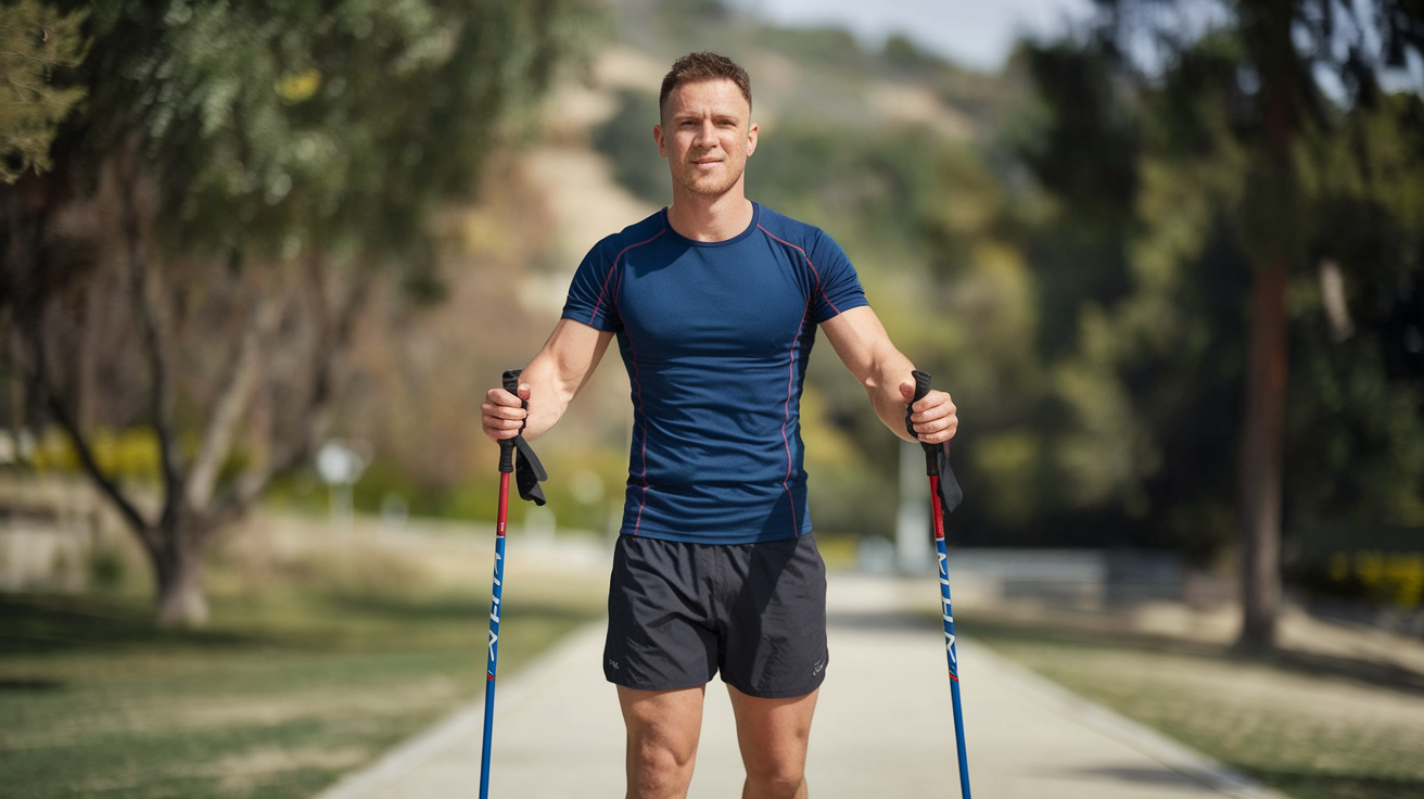 Fit man standing tall with Nordic poles