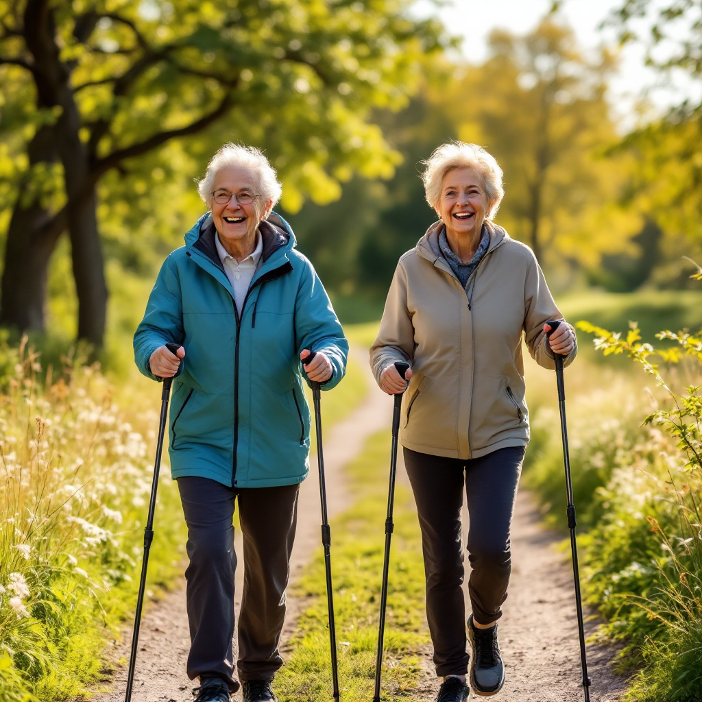 Healthy older adults Nordic pole walking outdoors