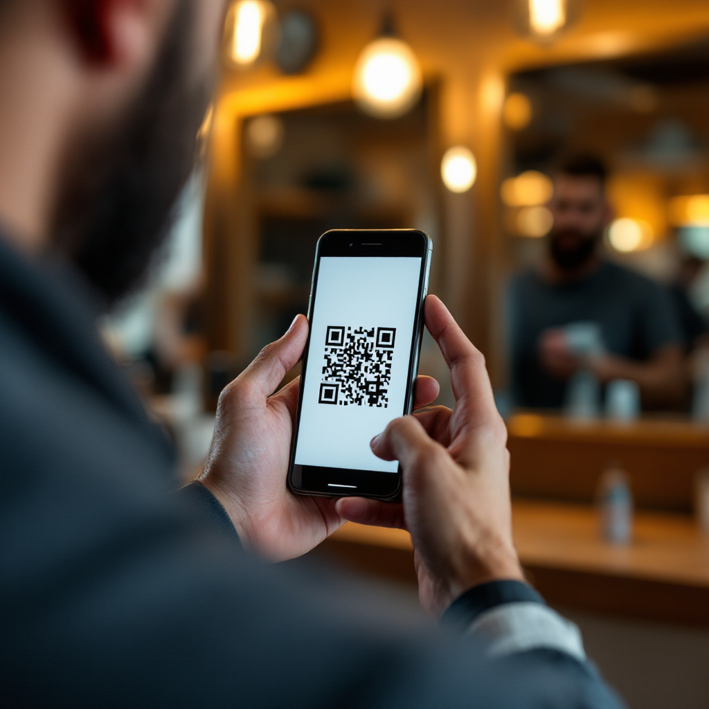 Dono de barbearia escaneando QR code do cliente