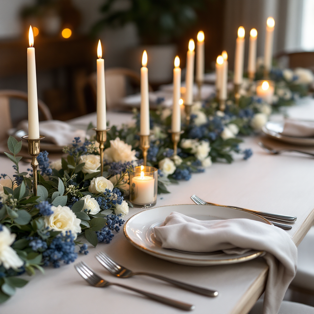 Intimate dinner with blue garland