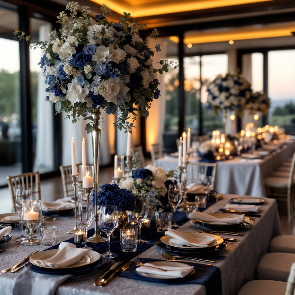 Navy blue wedding reception tablescape