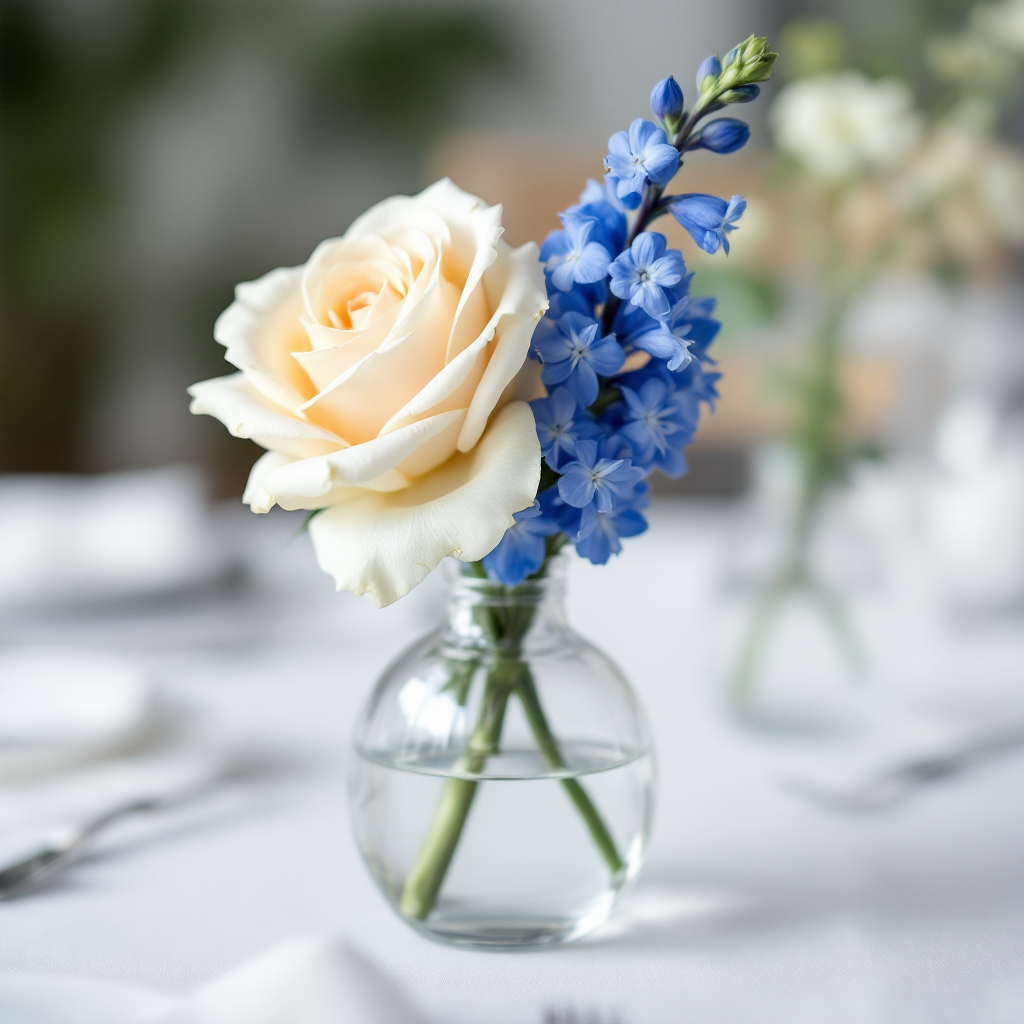 Bud Vases and Accents — blue delphinium and rose bud vase