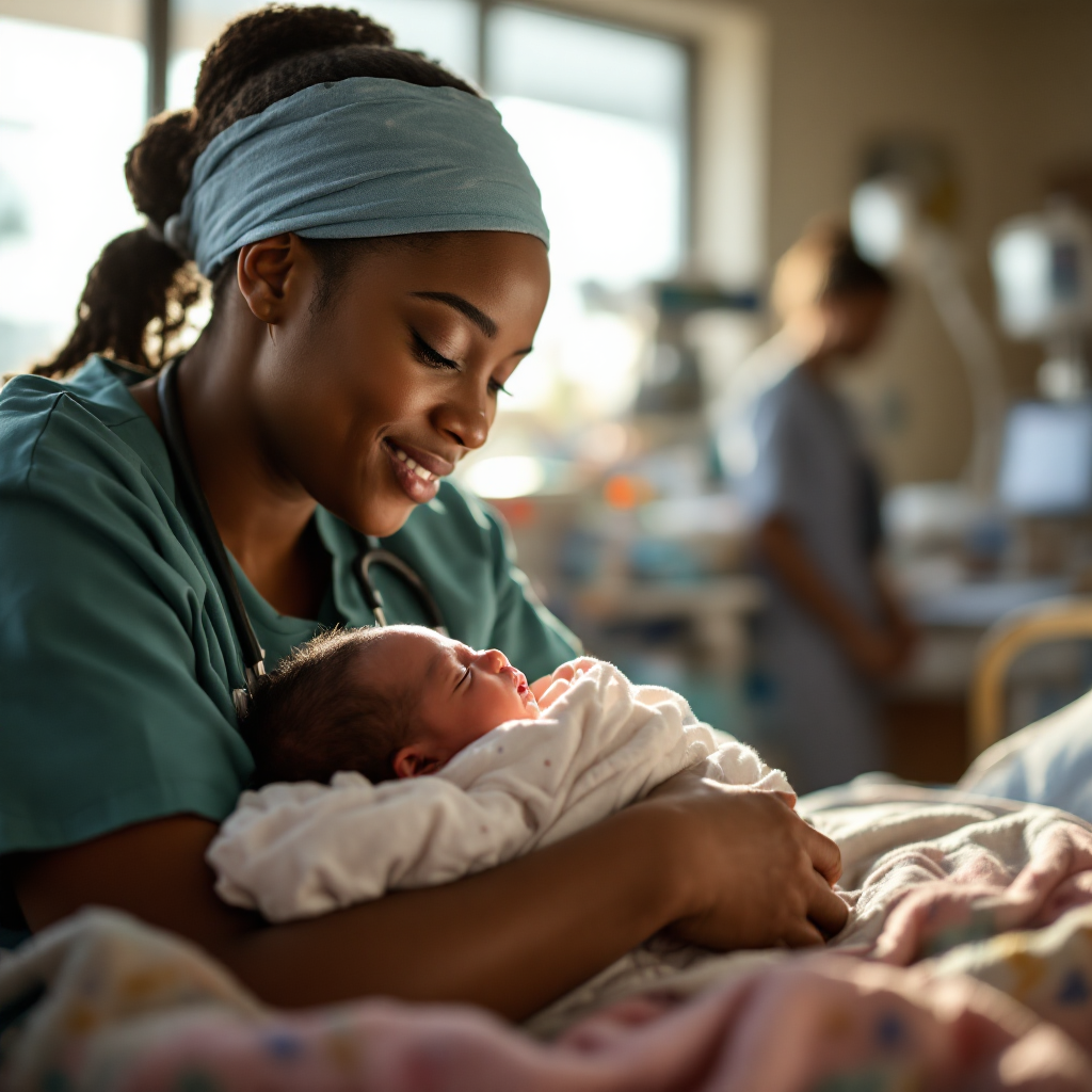 Healthcare worker cradling a newborn in a Zimbabwean hospital