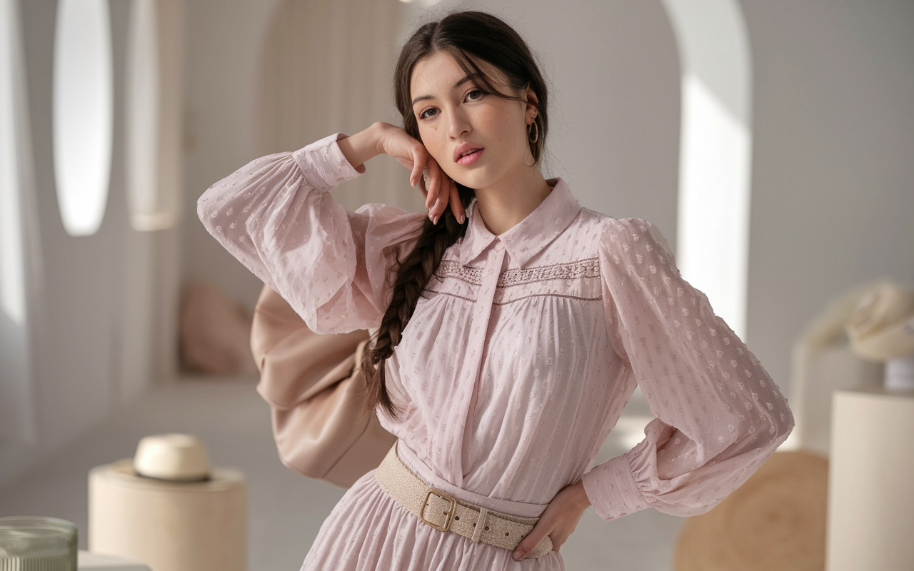 Fashionable woman in a trendy pastel outfit in a bright studio