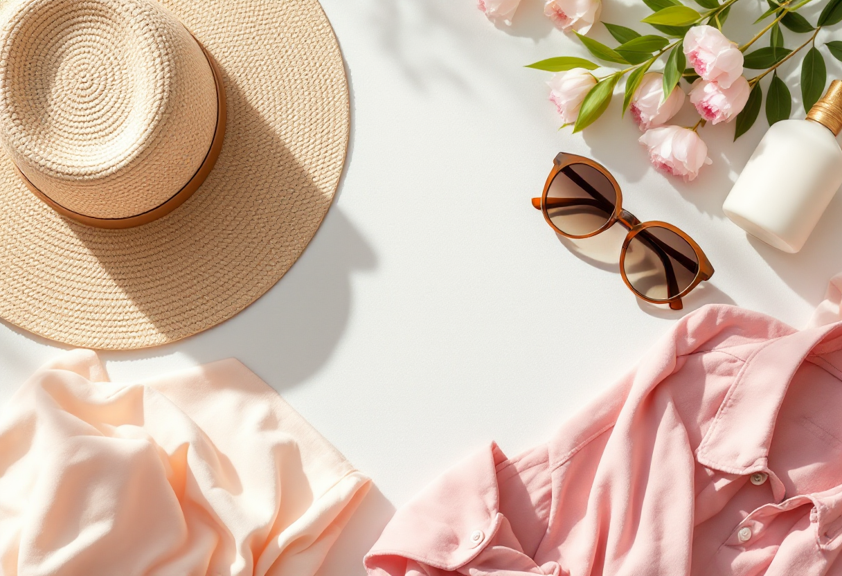 Seasonal fashion accessories and clothing arranged on a soft pastel background