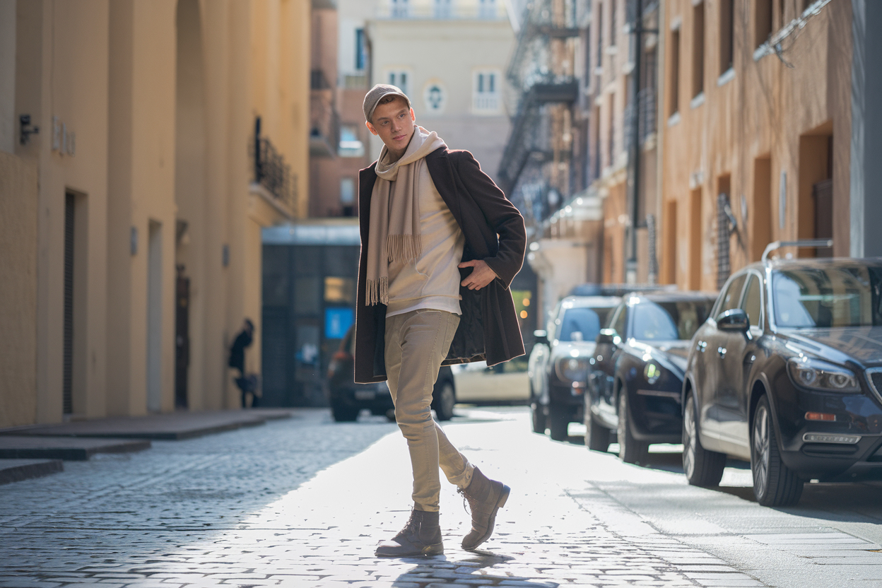 A well-dressed young man in a modern casual outfit posing confidently in a bright urban environment