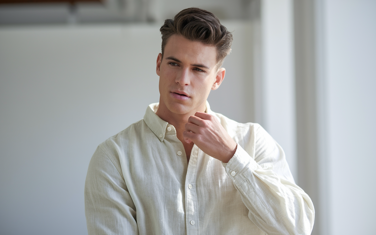 Man wearing a stylish casual shirt in a light studio