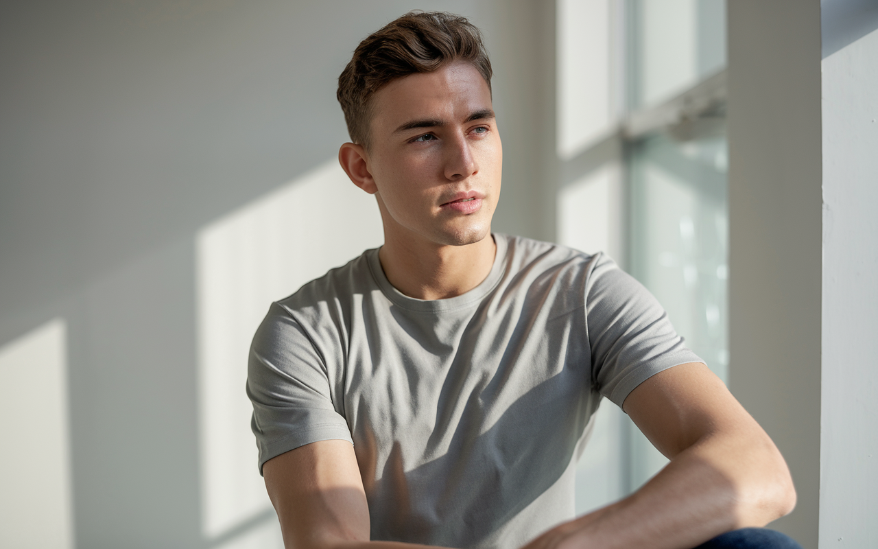 Man wearing a trendy t-shirt in natural light