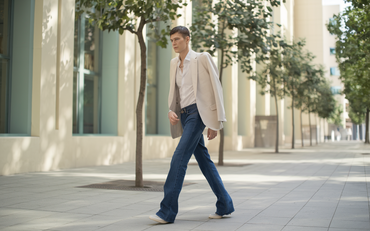 Man wearing modern slim-fit jeans in an urban setting