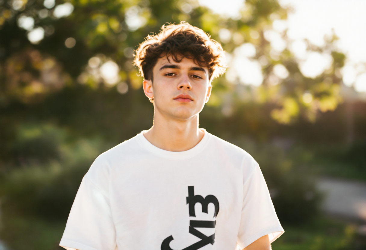 Man wearing a white graphic crew neck t-shirt