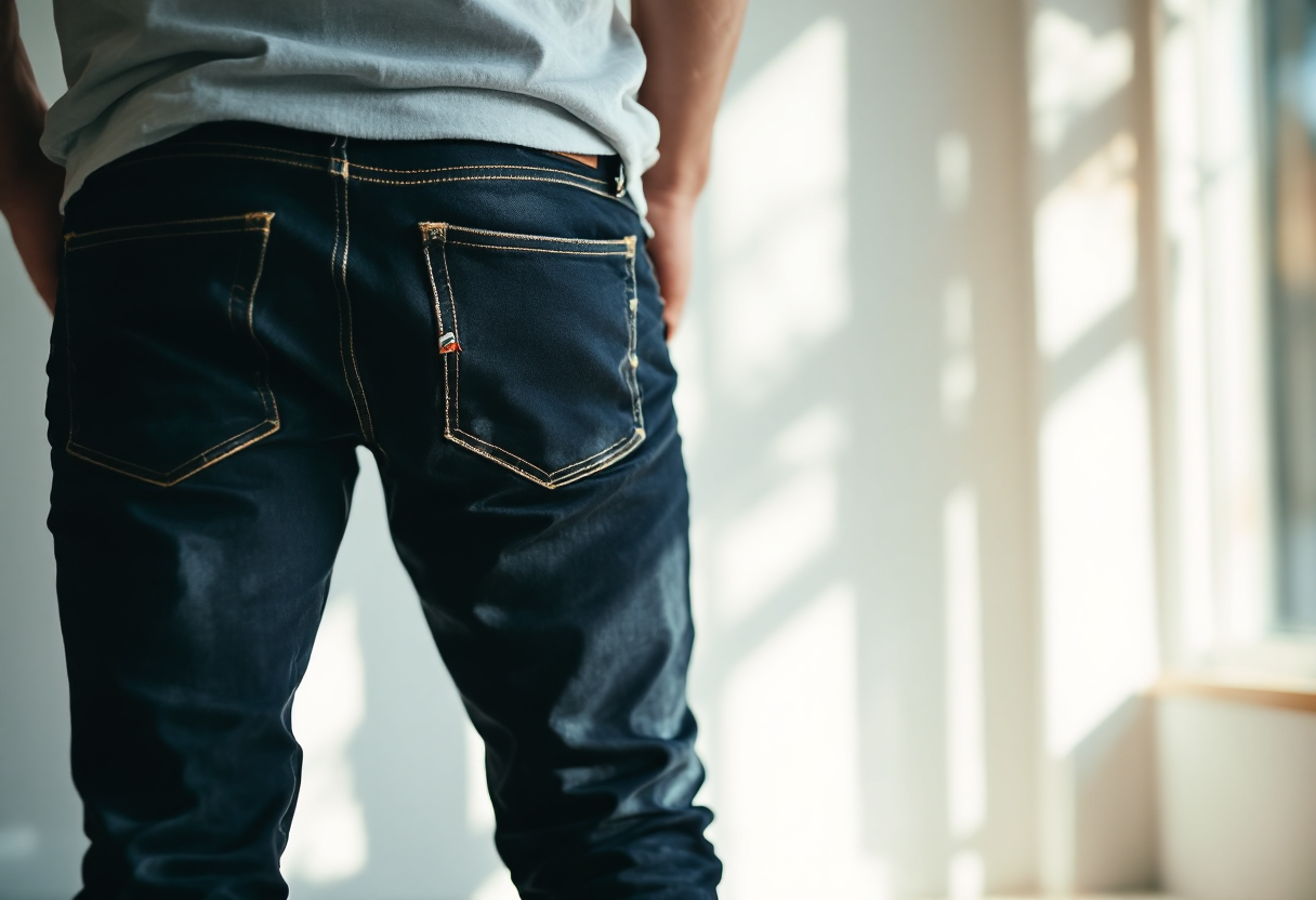 Man wearing dark slim fit denim jeans