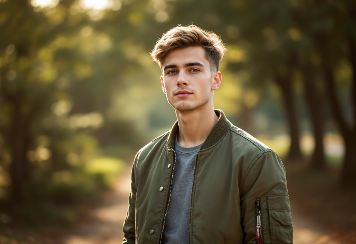 Man wearing an olive green bomber jacket