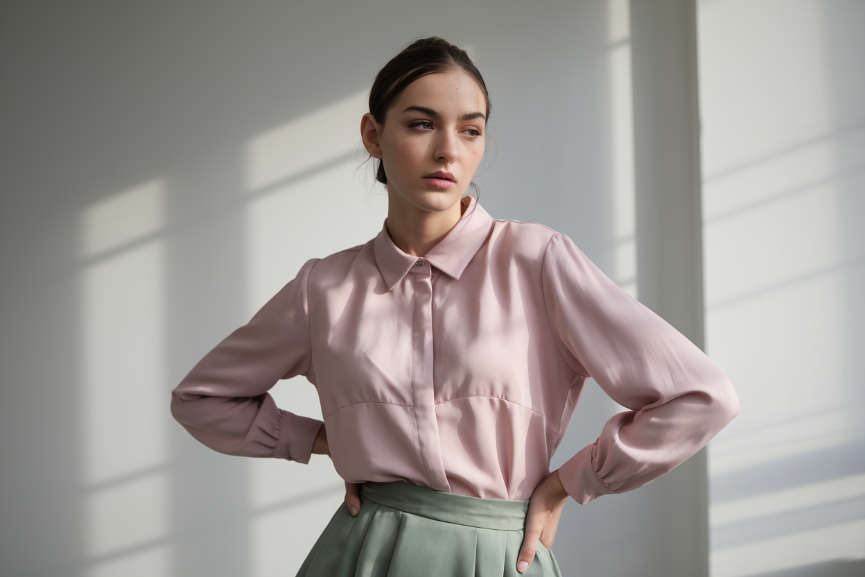 Fashionable woman wearing a trendy pastel outfit in a light-filled studio setting