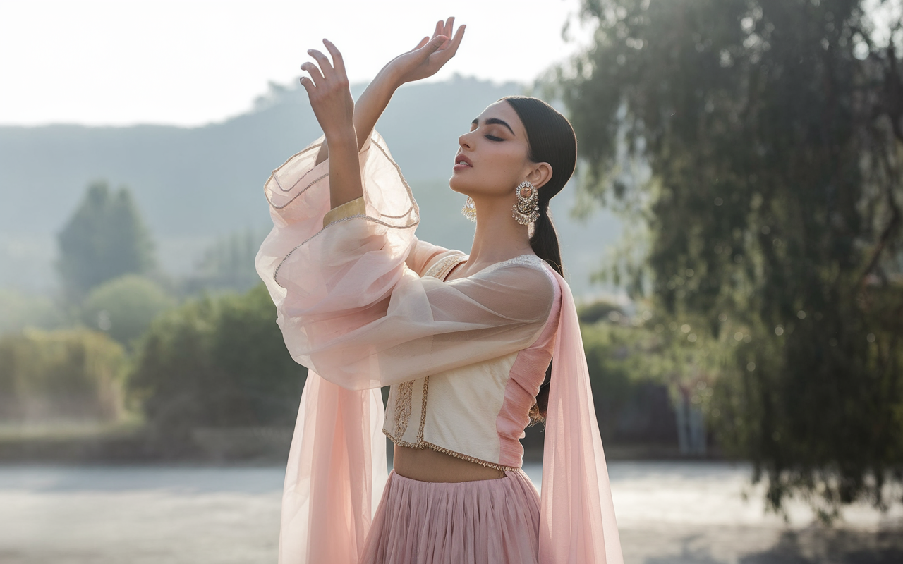 Woman dressed in elegant ethnic wear with soft natural lighting