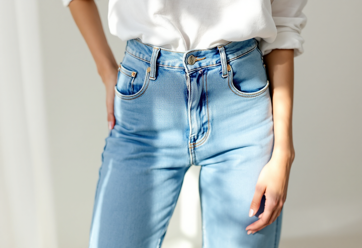 Woman modeling high-waist slim fit blue jeans