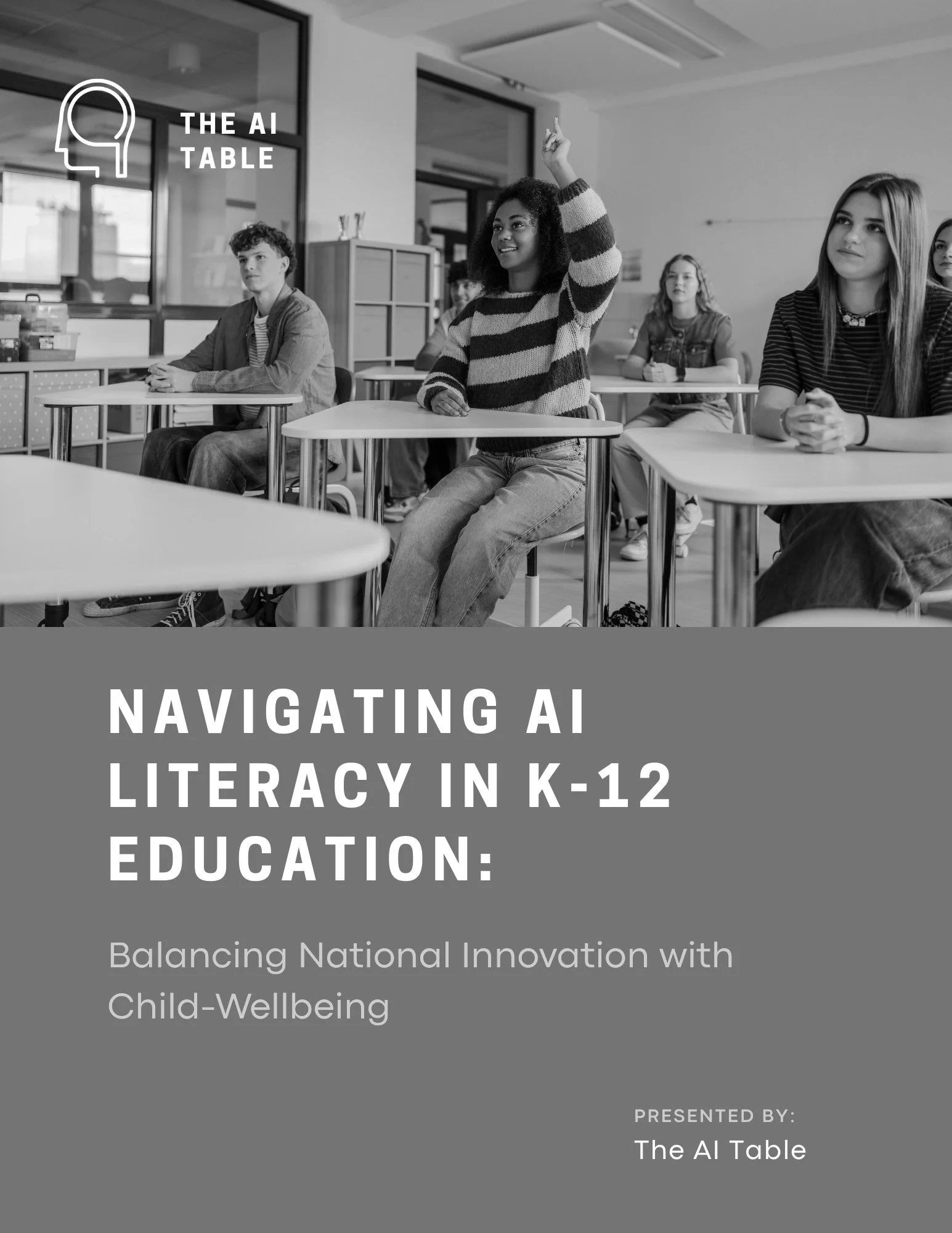 Students in classroom with AI literacy education overlay