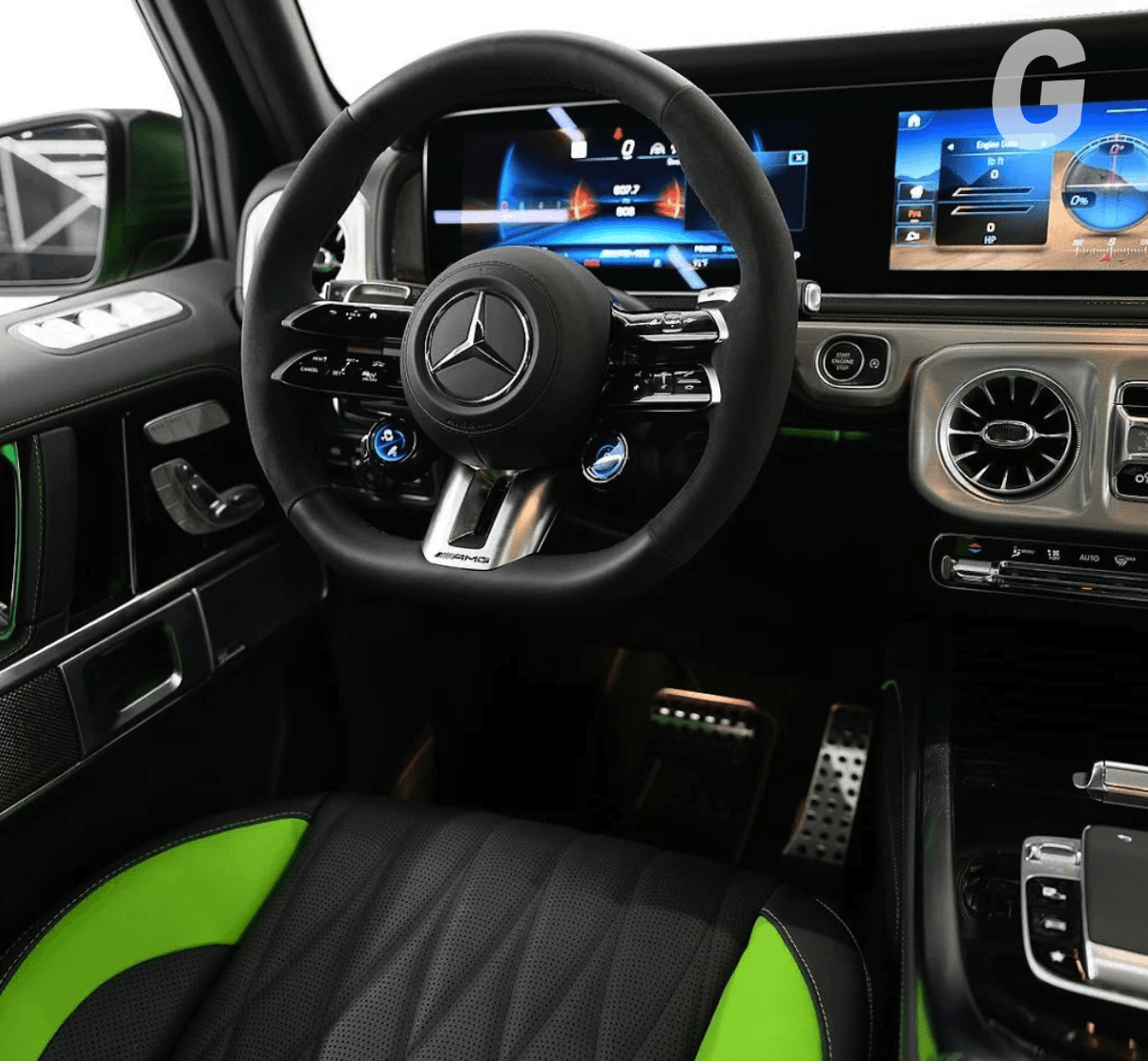 Mercedes AMG steering wheel and dashboard interior