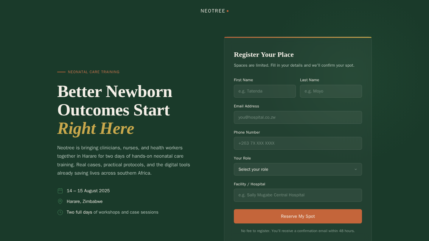 Preview of Landing page for neotree’s event in zimbabwe for neonatal care.
