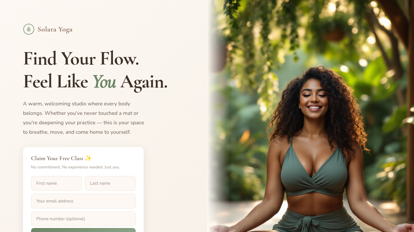 AI-generated yoga studio landing page with unique layout